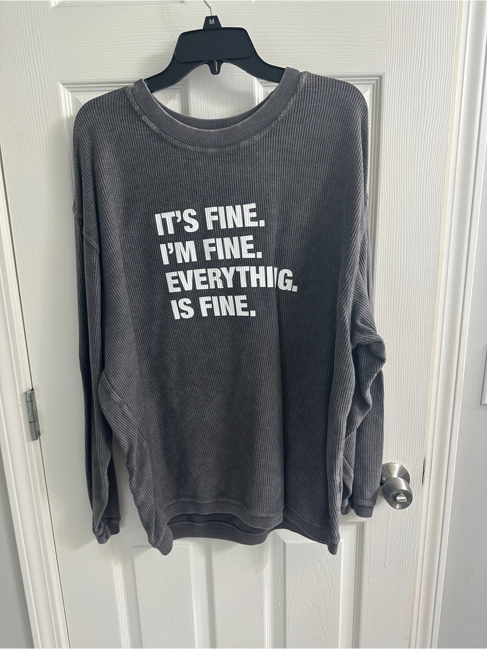 Gray Waffle-Knit Sweatshirt with White Text